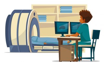 Brain MRI hospital vector cartoon illustration of doctor and patient on medical examination. Flat design of doctor sitting at computer monitor and patient in MRI tube for head tomography diagnostics